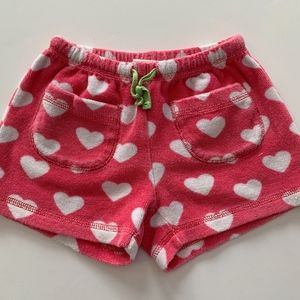Mini Boden 5y Pink Heart Print Toweling Shorts